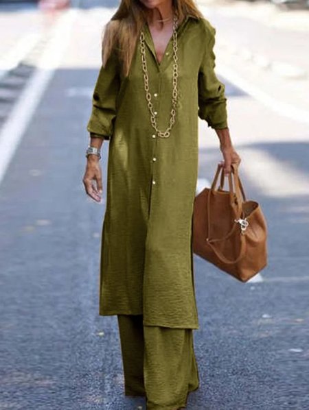 JFN Cotton & Linen Casual Plain Lapel Collar Long Sleeve Button Long Shirt & Wide Leg Pants 2Pcs Set, Suit Set, color:Army Green|size:5XL, JustFashionNow
