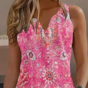 Vacation Ethnic V Neck Loose Tank Top, Tanks & Camis, color:Pink|size:XXL, JustFashionNow