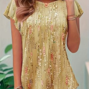 Abstract Polka Dots Ruffled Sleeves Crew Neck Jersey Casual T-Shirt, JustFashionNow T-Shirts, color:Khaki|size:XXL,
