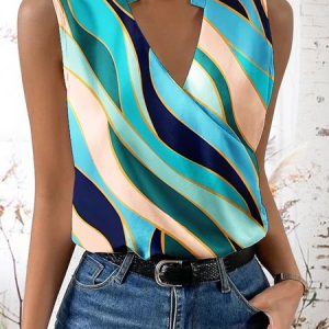 Elegant V Neck Loose Ombre Shirt, Tanks & Camis, color:Blue|size:XXL, JustFashionNow