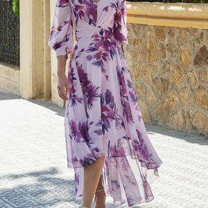 Floral V Neck Chiffon Elegant Dress, Dresses, color:Purple|size:XXL, JustFashionNow