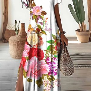 Loose Cotton-Blend Elegant Floral Dress, Dresses, color:White|size:XXL, JustFashionNow