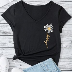V Neck Daisy Letter & Floral Print Casual T-Shirt, T-Shirts, color:Black|size:XXL, JustFashionNow