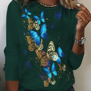 Casual Butterfly Print Crew Neck T-Shirt, T-Shirts, color:Dark Green|size:XXL, JustFashionNow