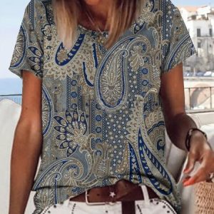 JFN Folk Paisley Loose Pullover Boho top T-shirt/Tee, T-Shirts, color:Blue|size:XXL, JustFashionNow