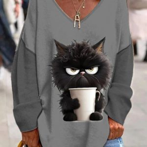 Cat Knitted V Neck Casual Blouse, JustFashionNow Blouses, color:Gray|size:XXL,