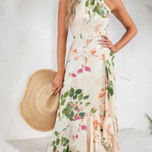 Elegant Floral Halter Dress With No, Dresses, color:Apricot|size:XXL, JustFashionNow