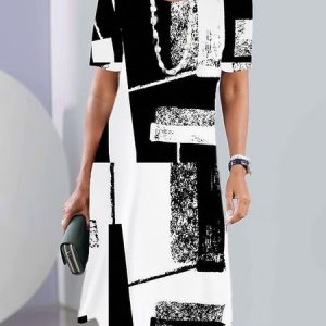 Black And White Colorblock Casual Loose Dress, Dresses, color:Black|size:XXL, JustFashionNow