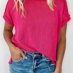 Cotton-Blend Loose Casual Crew Neck T-Shirt, T-Shirts, color:Deep Pink|size:XXL, JustFashionNow