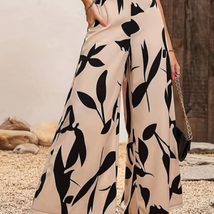 Elegant Leaf Loose Wide Leg Pants, Pants, color:Khaki|size:XXL, JustFashionNow