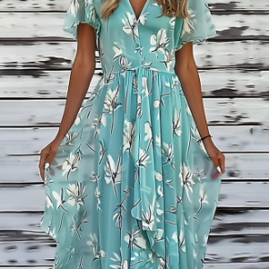 Floral Chiffon Elegant Loose Dress, Dresses, color:Green|size:XXL, JustFashionNow