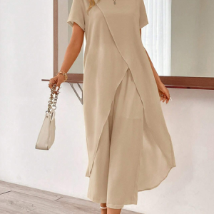 Women's Cross Plain Daily Going Out Two Piece Set Short Sleeve Casual Summer Top With Pants Matching Set, JustFashionNow Suit Set, color:Khaki|size:XXL,