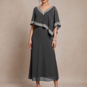 Irregular Craftsmanship Elegant Chiffon V Neck Dress, Dresses, color:Deep Gray|size:XXL, JustFashionNow