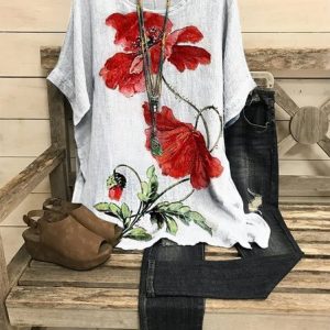 JFN Crew Neck Floral Casual Red Flower Batwing Sleeve Slit Top, Shirts & Blouses, color:White|size:XXL, JustFashionNow