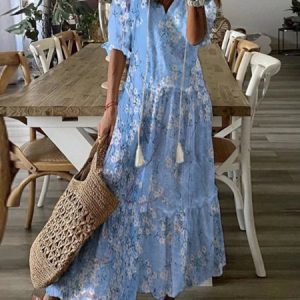Floral V Neck Casual Dresses, Dresses, color:Blue|size:XXL, JustFashionNow