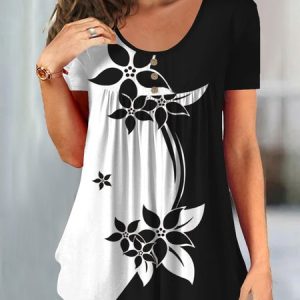 JFN Crew Neck Floral Casual Color Block Ruched Loosen Top, Shirts & Blouses, color:Black-white|size:XXL, JustFashionNow
