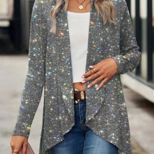 Wrap Casual Sparkle Sequin Glitter Cardigan, Cardigans, color:Silver|size:XXL, JustFashionNow
