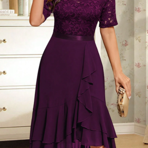 Chiffon Elegant Lace Square Neck Dress, Dresses, color:Purple|size:XXL, JustFashionNow