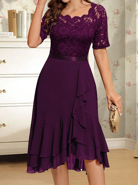 Chiffon Elegant Lace Square Neck Dress, Dresses, color:Purple|size:XXL, JustFashionNow