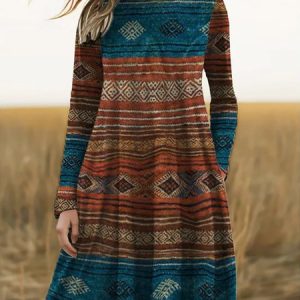 Casual Crew Neck Loose Ethnic Dress, Dresses, color:Brown|size:XXL, JustFashionNow