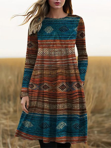 Casual Crew Neck Loose Ethnic Dress, Dresses, color:Brown|size:XXL, JustFashionNow