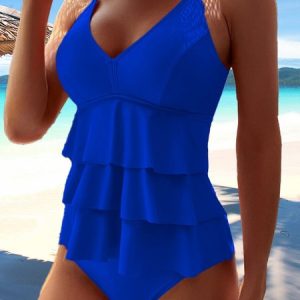 Casual Plain Flouncing V Neck Tankini, swimwear>>Tankinis, color:Blue|size:XXL, JustFashionNow