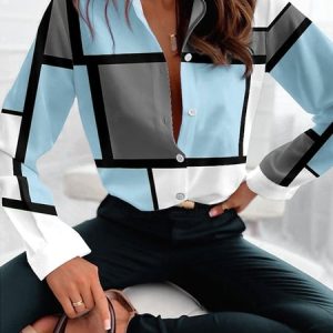 Casual Loose Color Block Blouse, JustFashionNow Shirts, color:Blue|size:XXL,