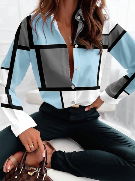 Casual Loose Color Block Blouse, Shirts & Blouses, color:Blue|size:XXL, JustFashionNow