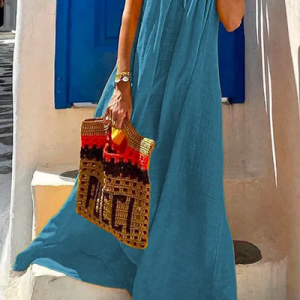 JFN Cotton & Linen Scoop Neck Maxi Beach Cami Dress, Dresses, color:Blue|size:XL, JustFashionNow