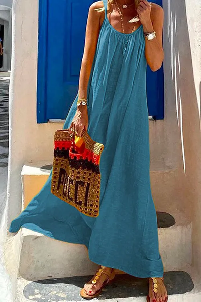 JFN Cotton & Linen Scoop Neck Maxi Beach Cami Dress, Dresses, color:Blue|size:XL, JustFashionNow