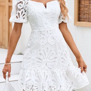 Lace Simple Plain Notched Dress, Dresses, color:White|size:XXL, JustFashionNow