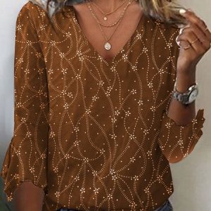 Christmas Three Quarter Sleeve Blouse V Neck Blouse, JustFashionNow Blouses, color:Brown|size:XXL,