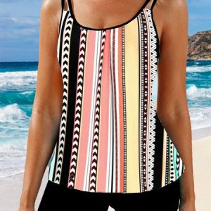 Casual Striped Printing Scoop Neck Tankini, swimwear>>Tankinis, color:Multicolor|size:S, JustFashionNow