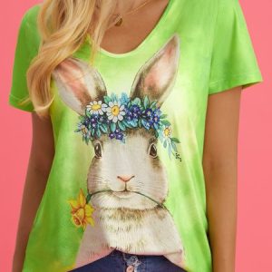 V Neck Easter Rabbit Casual Loose T-Shirt, T-Shirts, color:Green|size:XXL, JustFashionNow