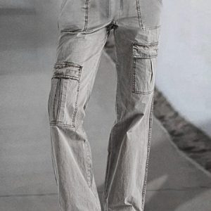 Buttoned Linen Plain Casual Flap Pocket Low Rise Wide Leg Cargo Pants, Pants, color:Gray|size:XXL, JustFashionNow
