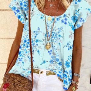 Casual Crew Neck Vacation Floral Short Sleeve Tops, Shirts & Blouses, color:Blue|size:3XL, JustFashionNow