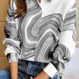 Casual Shirt Collar Loose Abstract Stripes Blouse, JustFashionNow Shirts, color:White|size:XXL,
