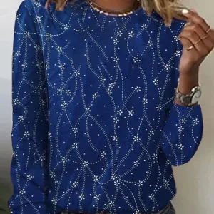 Christmas Long Sleeve Floral Casual T-Shirt, T-Shirts, color:Blue|size:XXL, JustFashionNow