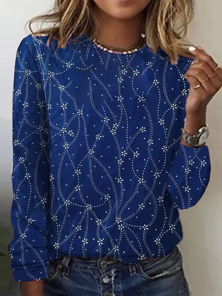 Christmas Long Sleeve Floral Casual T-Shirt, T-Shirts, color:Blue|size:XXL, JustFashionNow