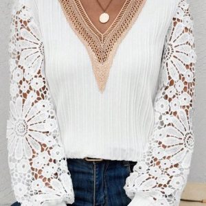 Lace Split Joint Casual Loose Shirt, Shirts & Blouses, color:White|size:XL, JustFashionNow
