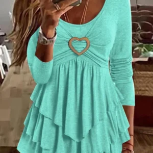Plain Ruffle Crew Neck Heart Ring Layered Long Sleeves Tee Top, JustFashionNow Shirts & Blouses, color:Light Blue|size:XXL,