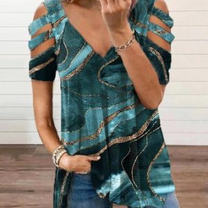 JFN V Neck Marbling Casual Blouse, Shirts & Blouses, color:Multicolor|size:XXL, JustFashionNow
