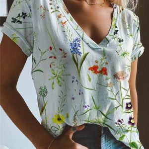 JFN V Neck Floral Vacation T-Shirt/Tee, T-Shirts, color:White|size:XXL, JustFashionNow