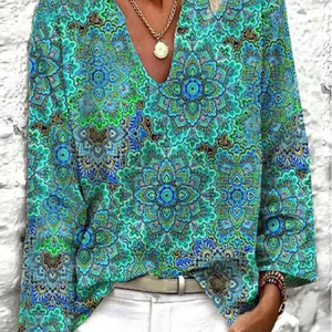 Floral Long Sleeve V Neck Casual Top, Shirts & Blouses, color:Green|size:XXL, JustFashionNow