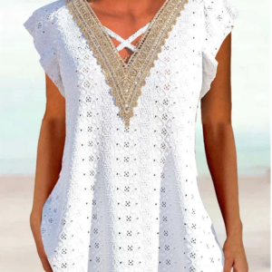 V Neck Lace Casual Loose Shirt, Shirts & Blouses, color:White|size:XXL, JustFashionNow