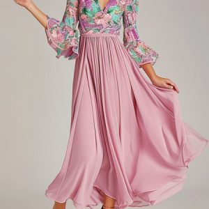 Ruffled Sleeves Elegant Regular Fit Chiffon V Neck Dress, Dresses, color:Pink|size:XXL, JustFashionNow