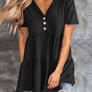 Plain Buttoned Casual Shirts & Tops, T-Shirts, color:Black|size:3XL, JustFashionNow