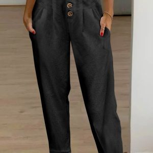 JFN Cotton & Linen Buckle Casual Plain Patchwork lace Pants, Pants, color:Black|size:XXL, JustFashionNow