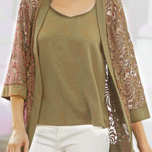 Casual Plain Lace Loose Two-Piece Set, Suit Set, color:Khaki|size:XXL, JustFashionNow