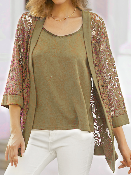 Women's Plain Daily Going Out Two Piece Set Three Quarter Sleeve Casual Spring/Fall Coat With Cami Matching Set, JustFashionNow Tops, color:Khaki|size:XXL,
